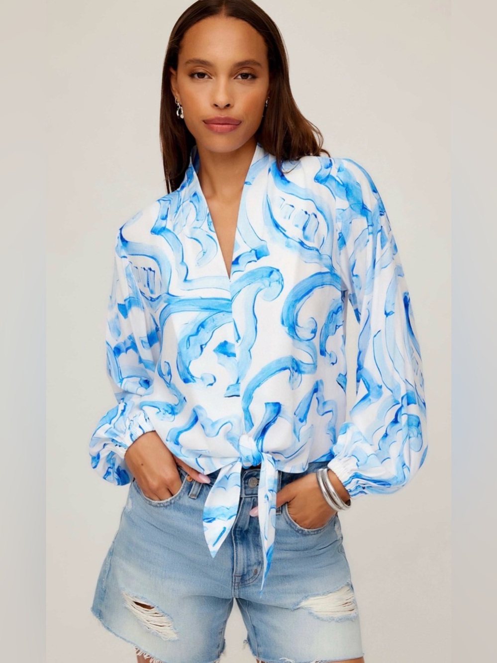 Fifteen Twenty Scarlet Tie Front Blouson Sleeve Top, size S